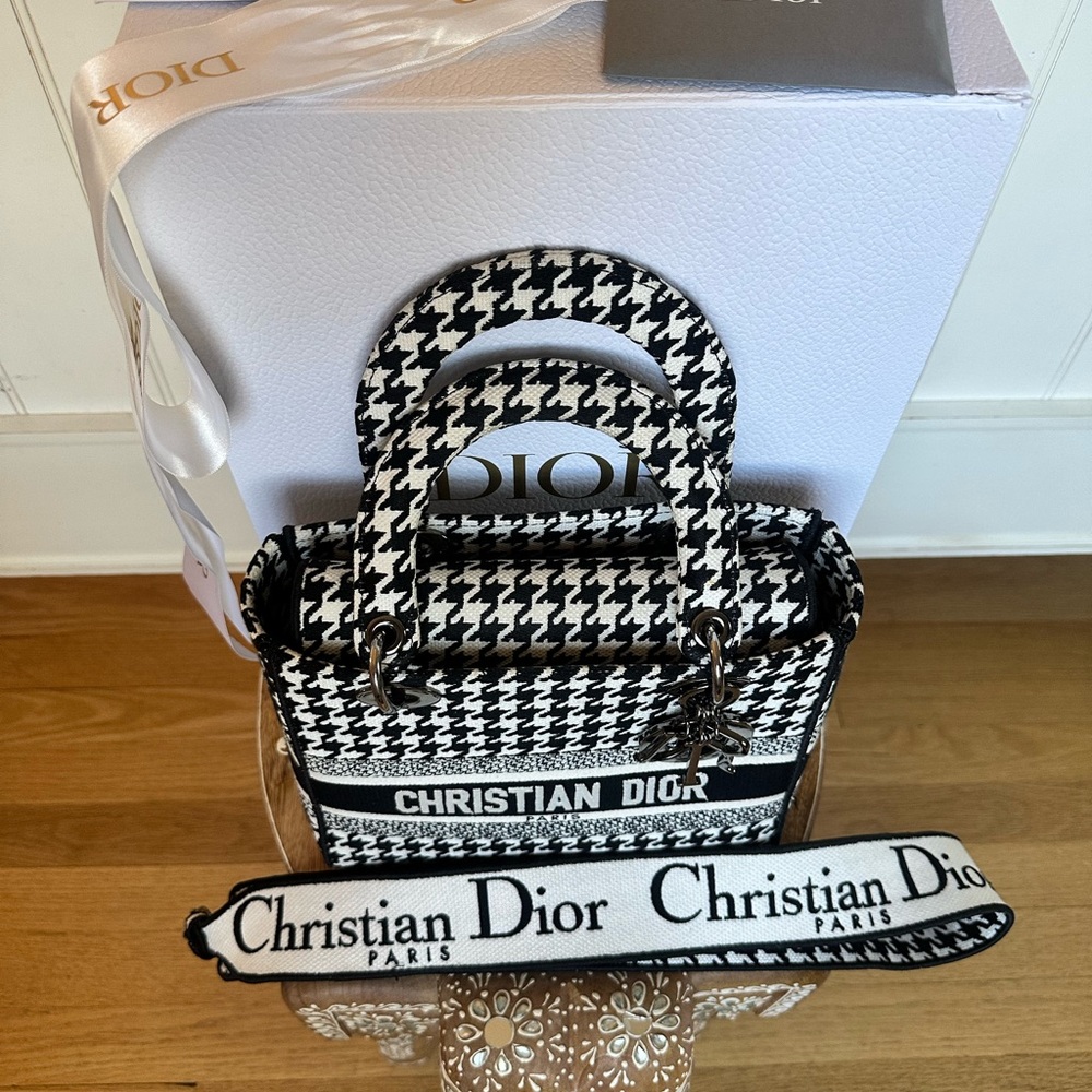 Christian Dior Lady D-Lite Bag Houndstooth Black White Medium Handbag Purse - Picture 13 of 16